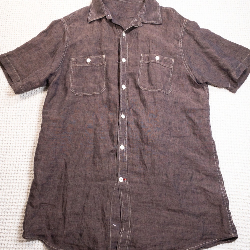 Mens Short Sleeve Linen Blend Button Down Shirt Brown Contrast Stitch Pockets